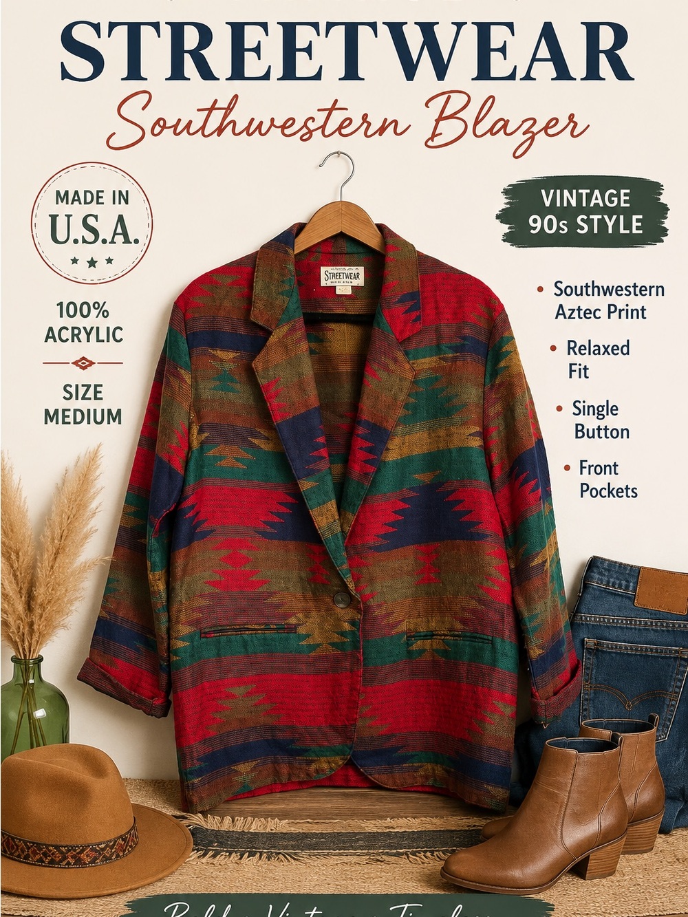 Vintage Streetwear Southwestern Aztec Blazer Jacket Medium Made in USA
